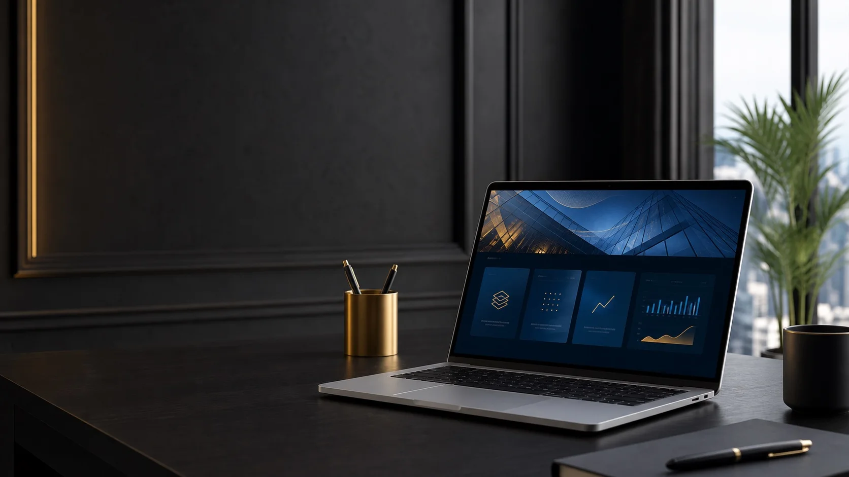 A premium digital platform displayed on a laptop in a modern workspace